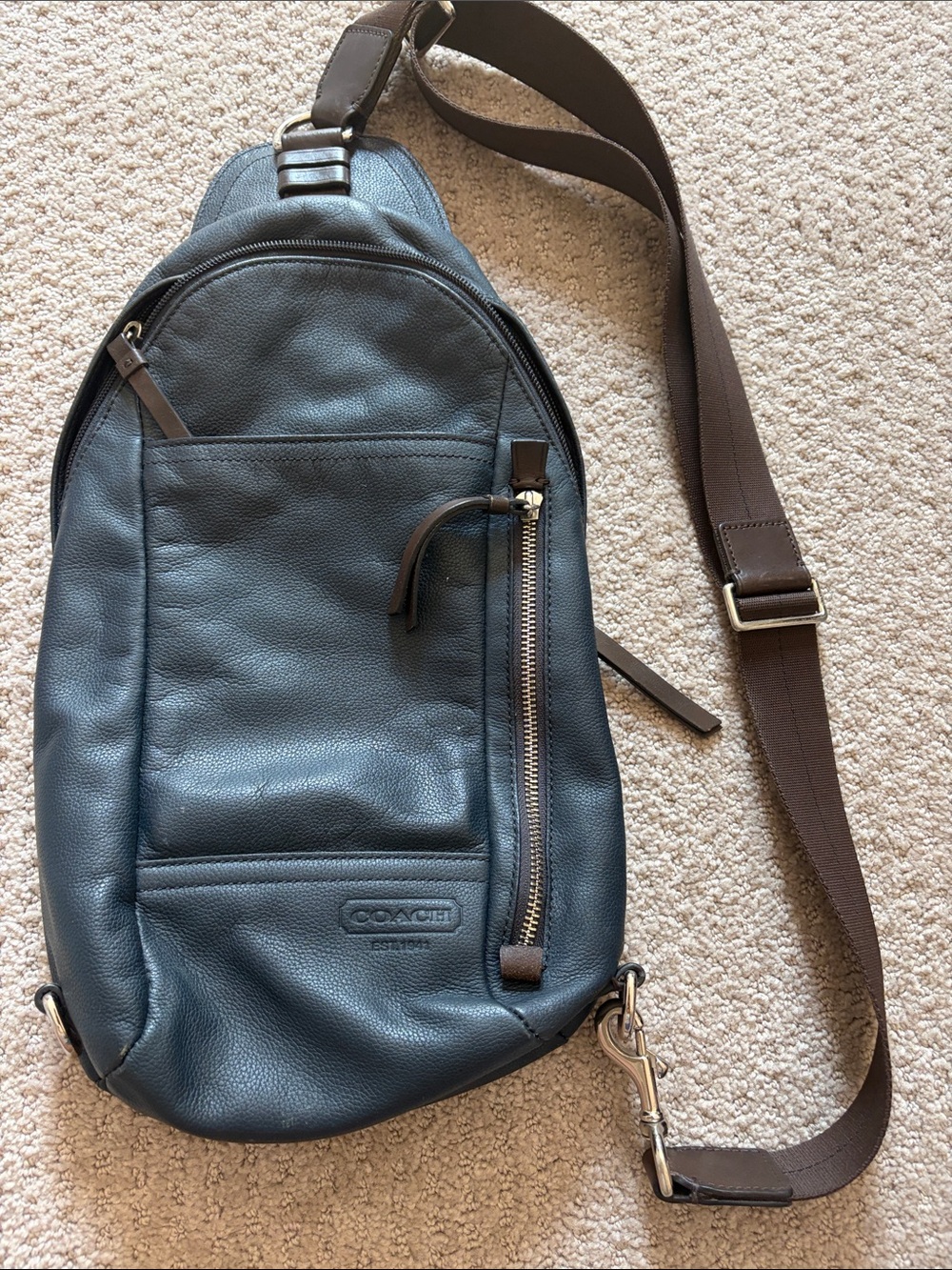 Coach Thompson convertible Leather Sling Bag in Blue with Brown Strap
